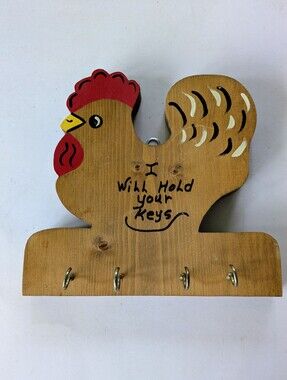 Key Holder Handmade Wall Decor Wooden Hen Rooster Four Brass Hooks
